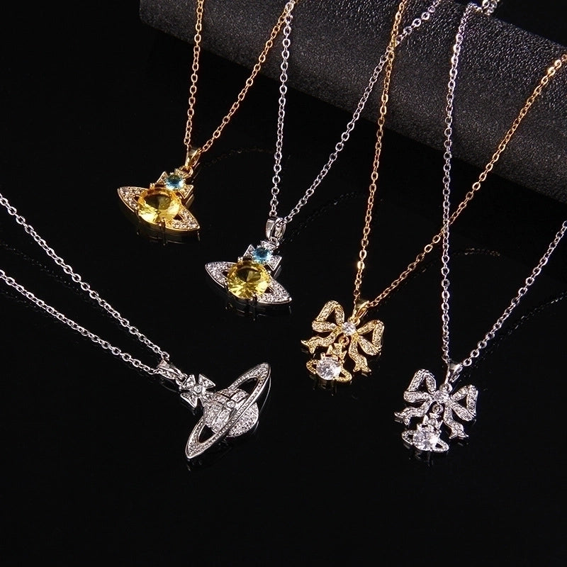 Sweet Planet Flower Bow Knot Copper Zircon Pendant Necklace In Bulk