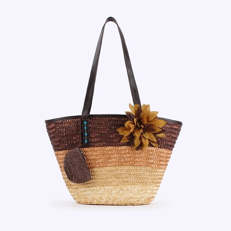 Women's Large Straw Color Block Vacation Beach Weave Bucket Zipper Beach Bag
