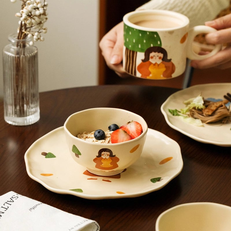 Vintage Girl's Dinner Plate Cute Plate Household Ceramic Plate Cartoon Plate Rice Bowl Small Bowl Mug With Lid