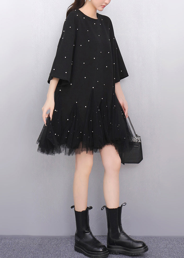 Fine Black Zircon Tulle Patchwork Cotton T Shirts Dress Half Sleeve Fall