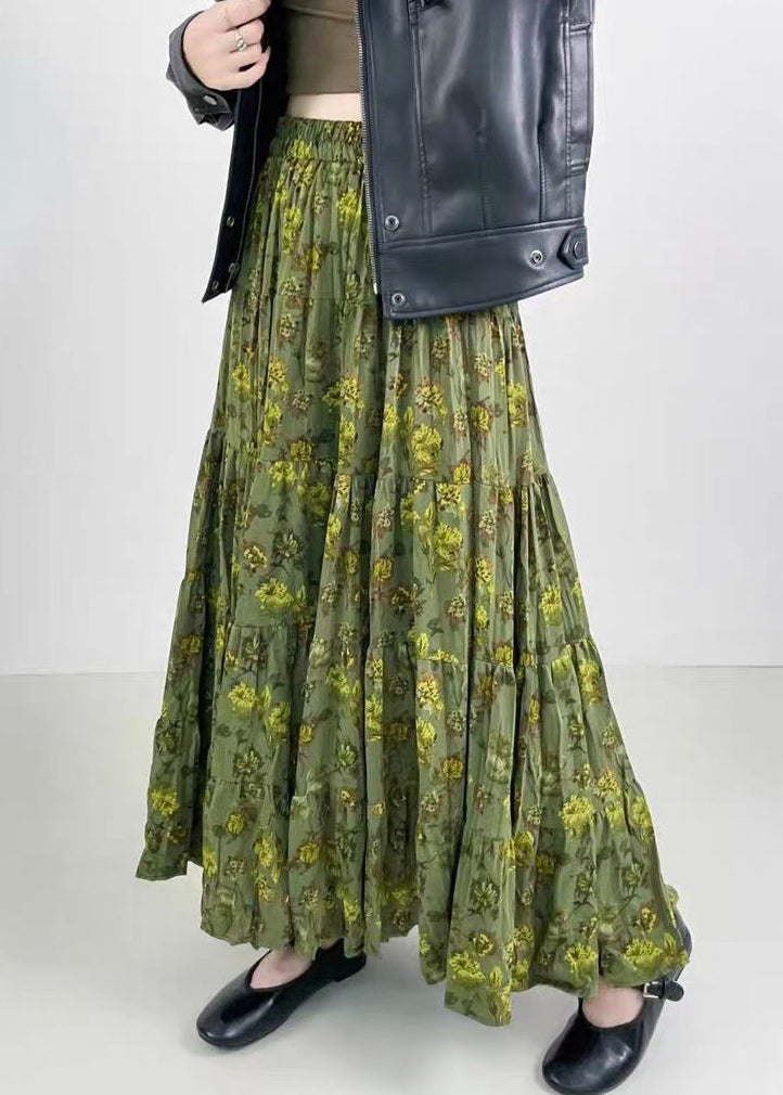 Vintage Green Print Wrinkled Elastic Waist Cotton Skirts Spring