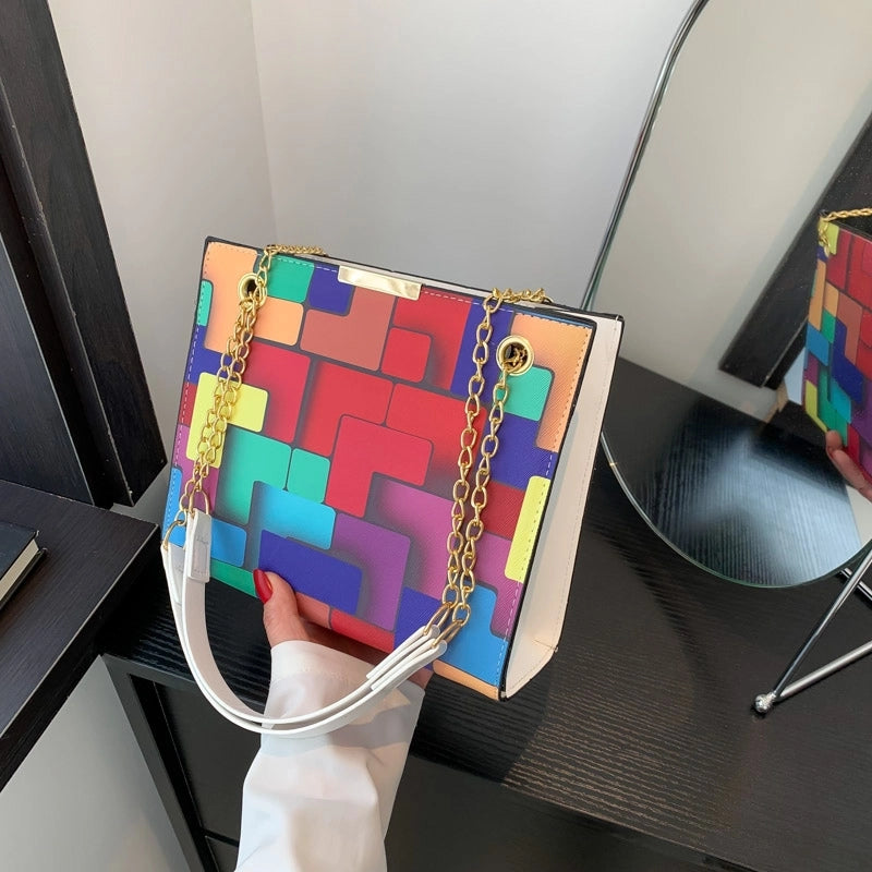 Women's Pu Leather Color Block Lattice Streetwear Square Zipper Shoulder Bag Crossbody Bag