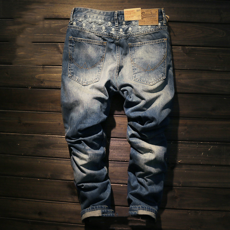 Retro Embroidered Skull Patch Slim Fit Ripped Jeans