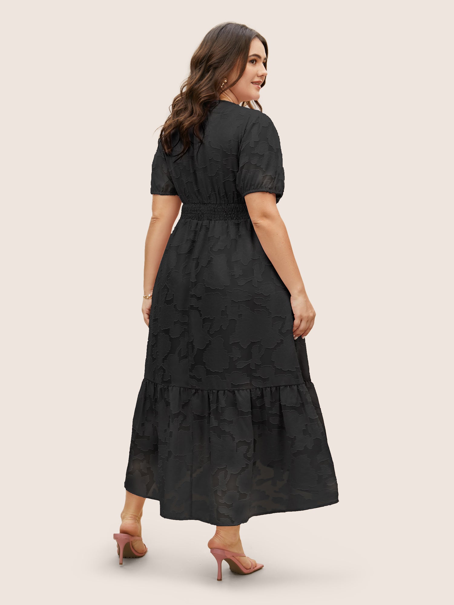 Solid Textured Lantern Sleeve Button Detail Dress