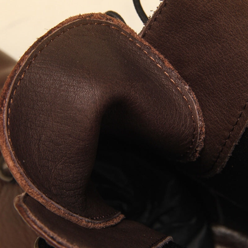 Ankle Boots Women Calfskin Round Toe Side Zip Lace-Up Retro Winter Ladies Motorcycle Shoes Handmade
