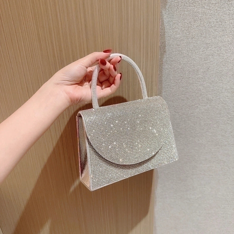 Gold Silver Black Polyester Solid Color Rhinestone Square Evening Bags