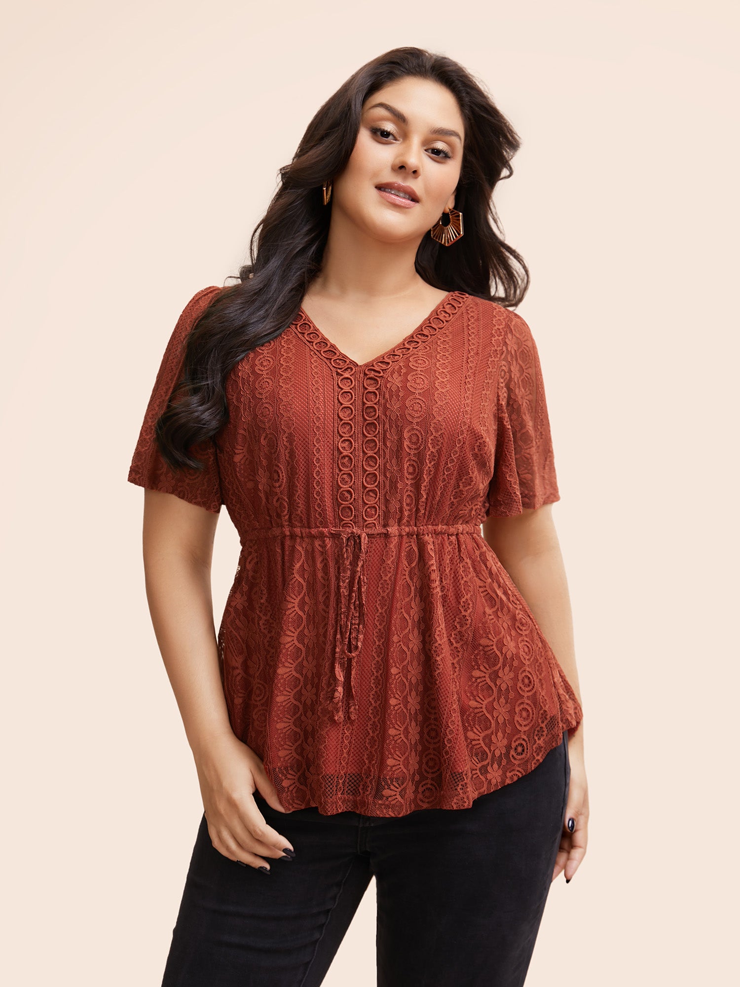 V Neck Lace Panel Drawstring Blouse