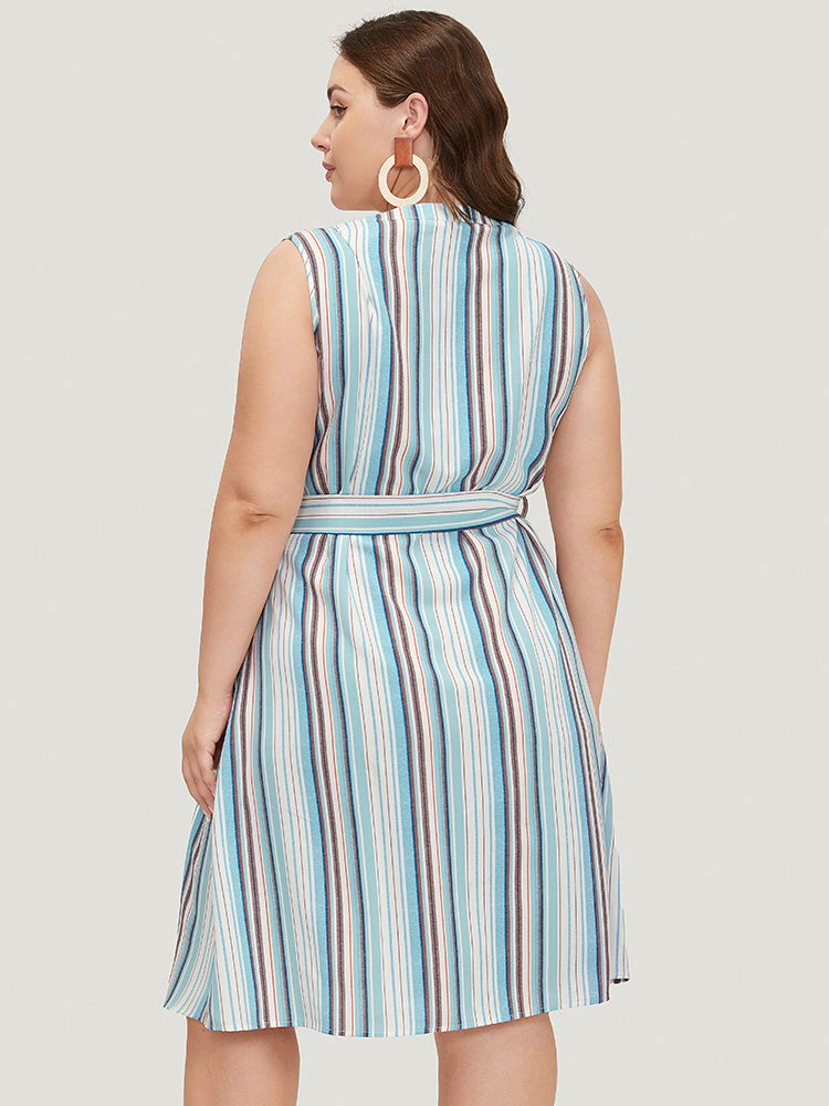 Striped Contrast Belted Pocket Notched Tank Dress