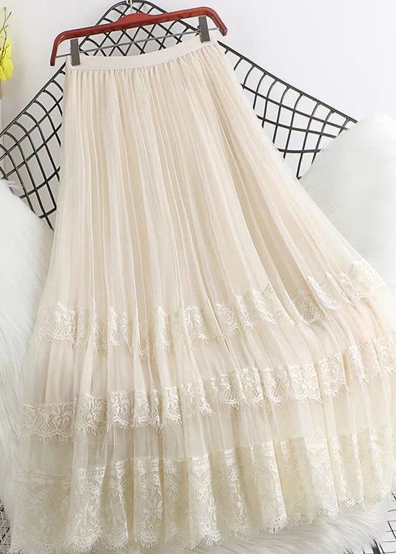 Fashion Brown High Waist Tulle Maxi Skirts Woman Mesh Lace Patchwork