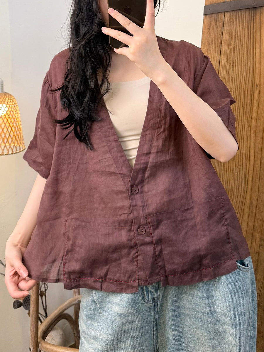 Women Summer Casual Pure Color V-Neck Ramie Shirt