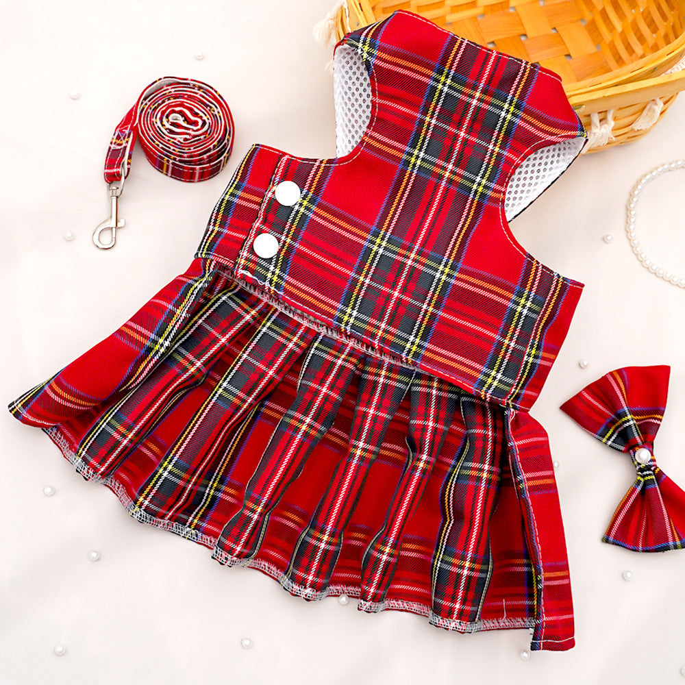 Pearl Decor Plaid Dog Harness Dress&Leash