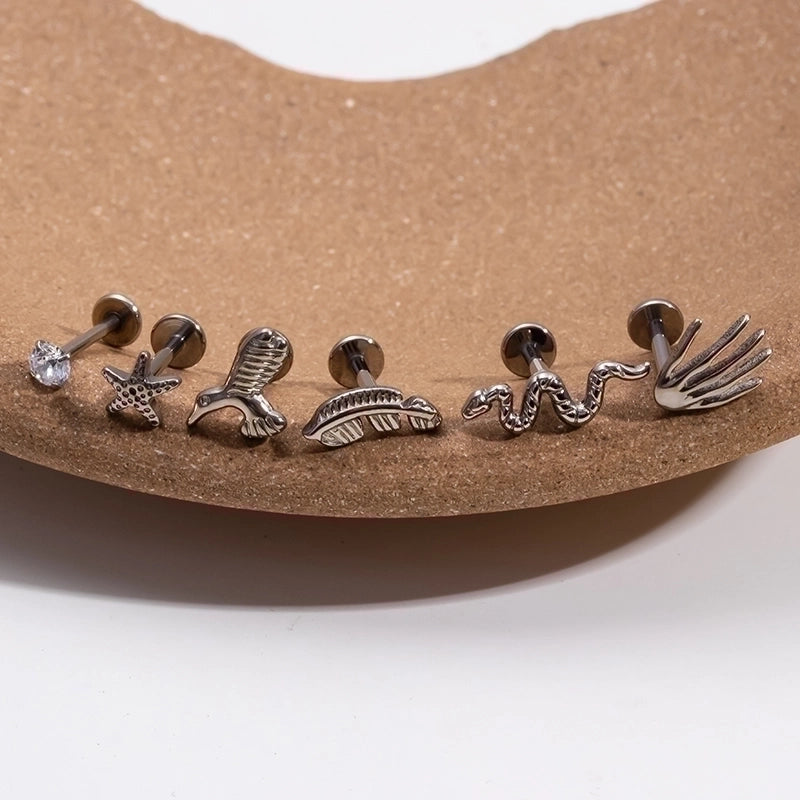 1 Piece Ear Cartilage Rings & Studs IG Style Vintage Style Palm Feather Snake Pure Titanium Plating Inlay Zircon