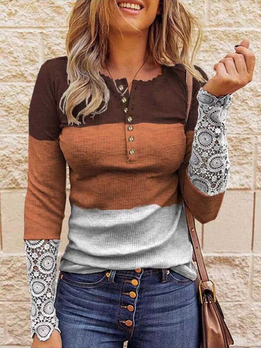 Round Neck Stitching Lace Long Sleeve T-Shirt(14 colors)