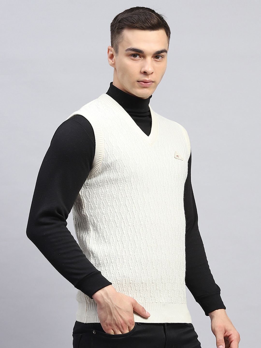 Men Off White Self Design V Neck Sleeveless Sweater