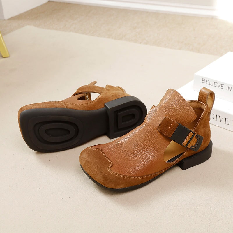 Full-Grain Leather Block Heel Suede Toe Cap Sandals with Buckle Closure in Black/Brown
