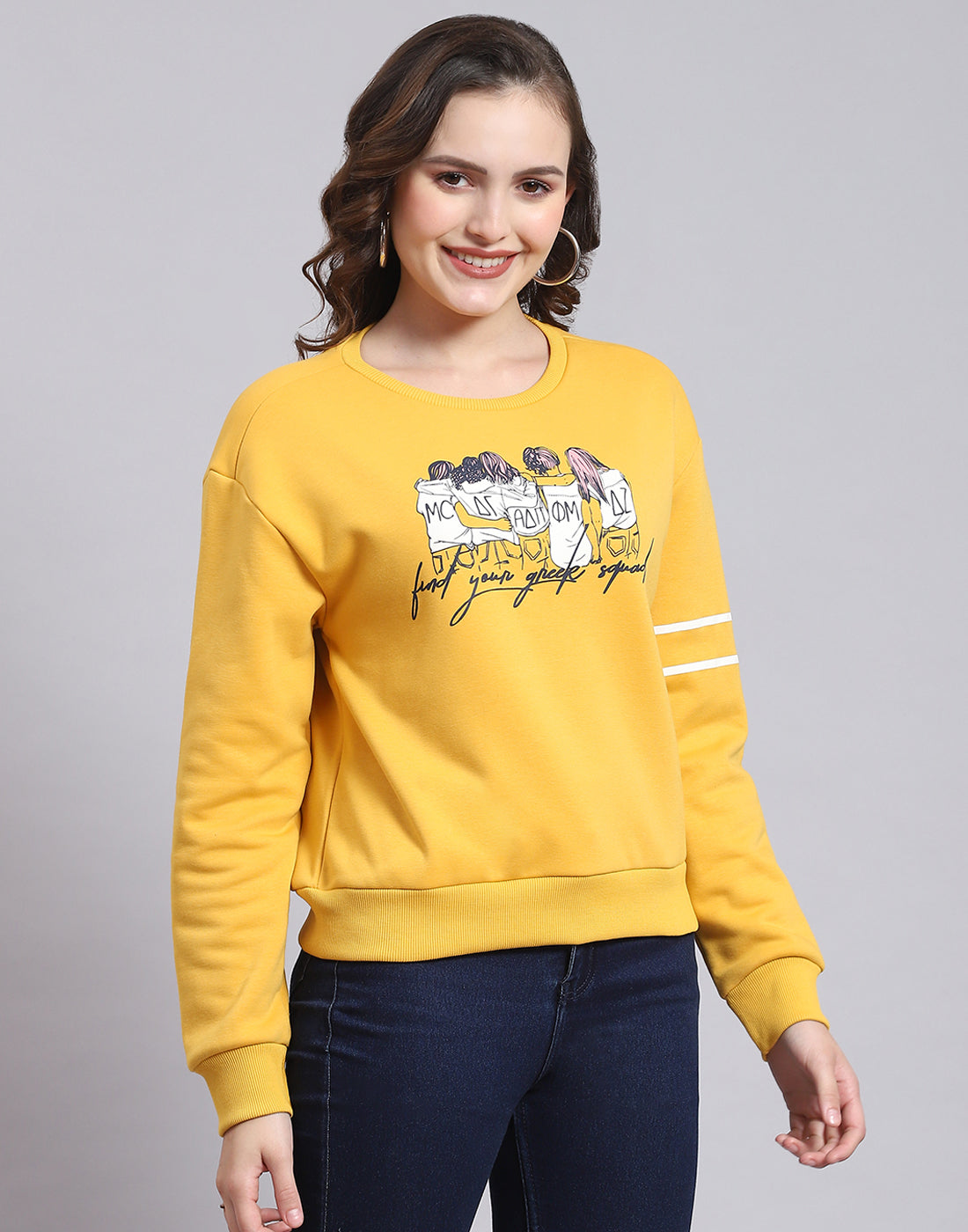 Women Yellow Printed Round Neck Full Sleeve Sweatshirt