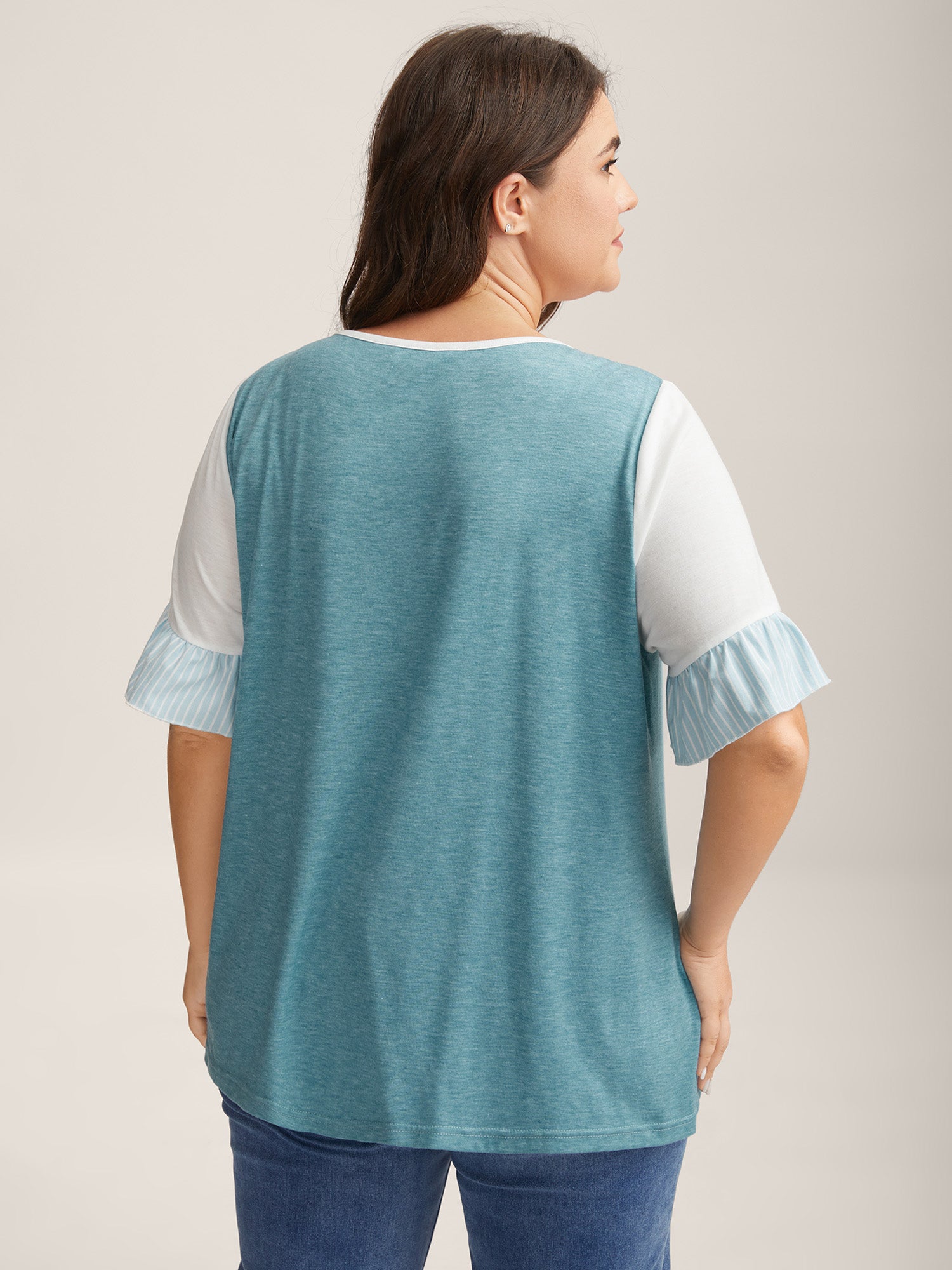 Color Contrast Lotus Leaf Sleeve T-Shirt