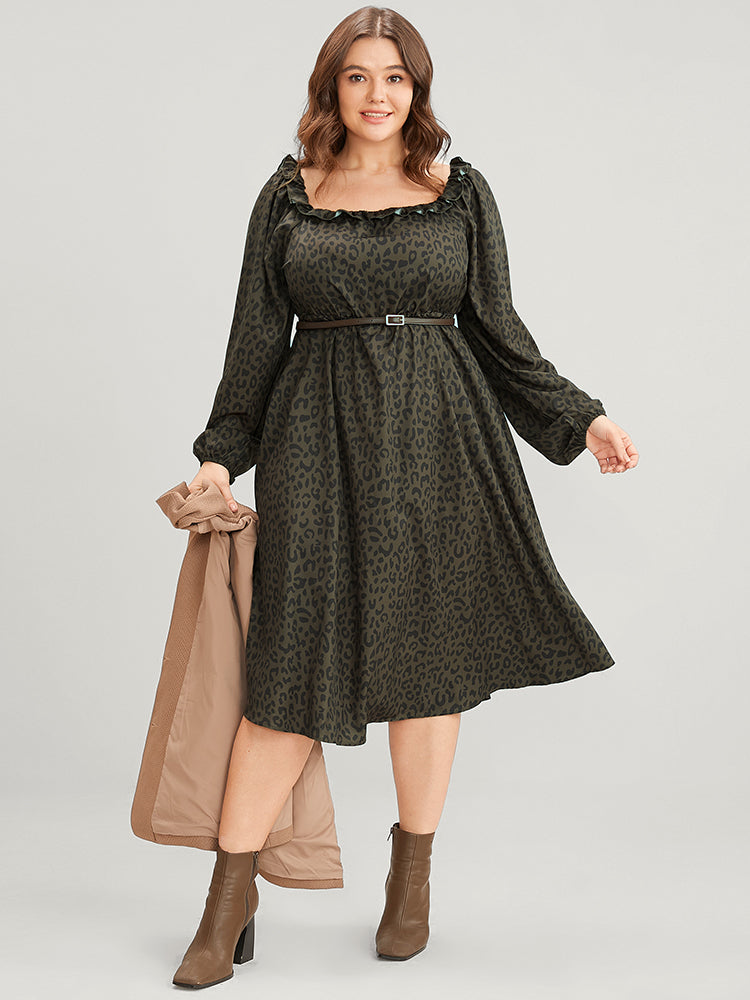 Leopard Print Square Neck Pocket Puff Sleeve Midi Dress