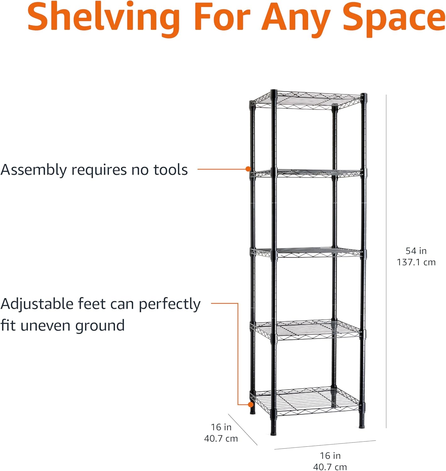Amazon Basics 4-Shelf Steel Wire Storage Rack, Adjustable, Sturdy, Easy Assembly, 13.4 D x 23.2 W x 48 H in, Black