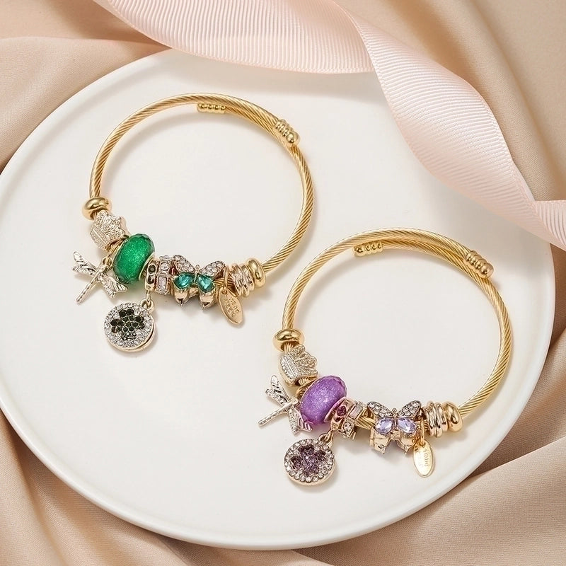 Dragonfly Stainless Steel Plating Artificial Gemstones Bangle 1 Piece