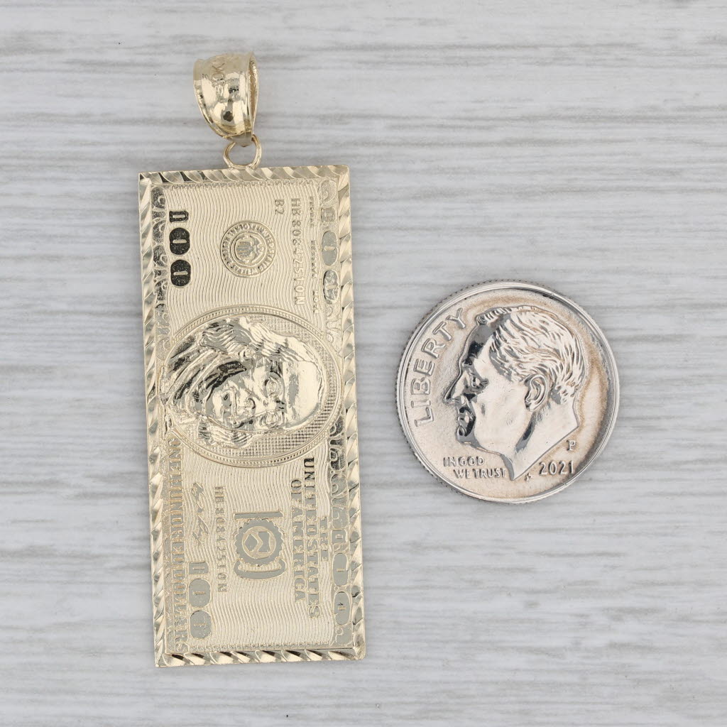 100 Dollar Bill Pendant 10k Yellow Gold Detailed Copy Benjamin Franklin