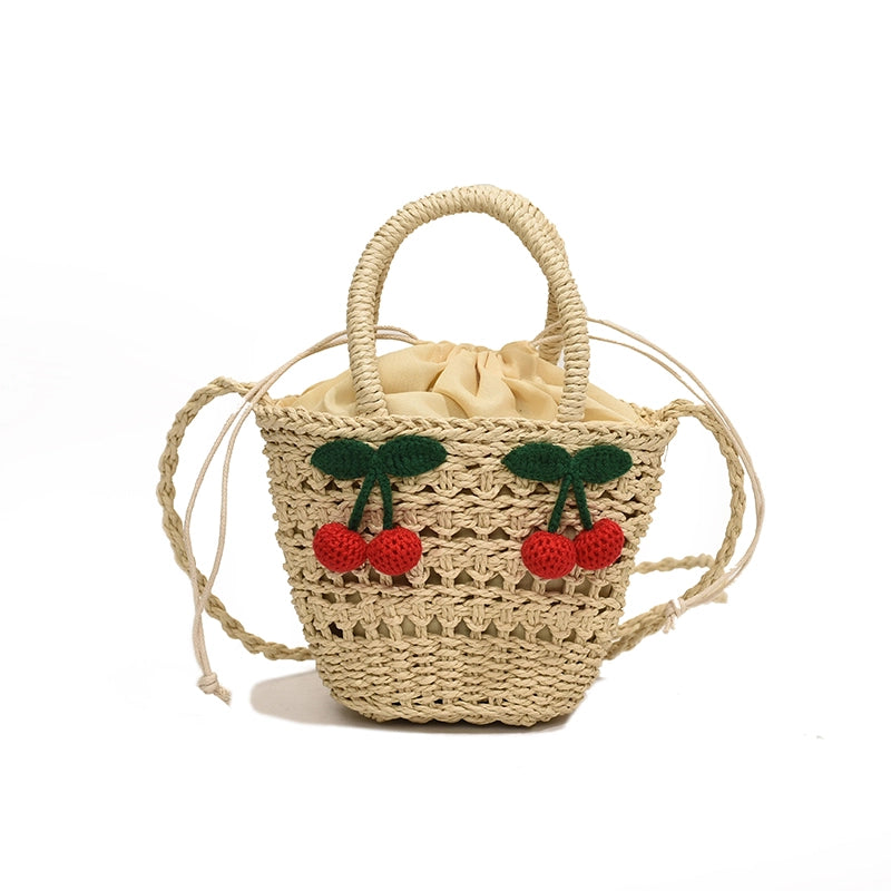Women's Medium Straw Solid Color Flower Vacation Beach Weave Bucket String Straw Bag
