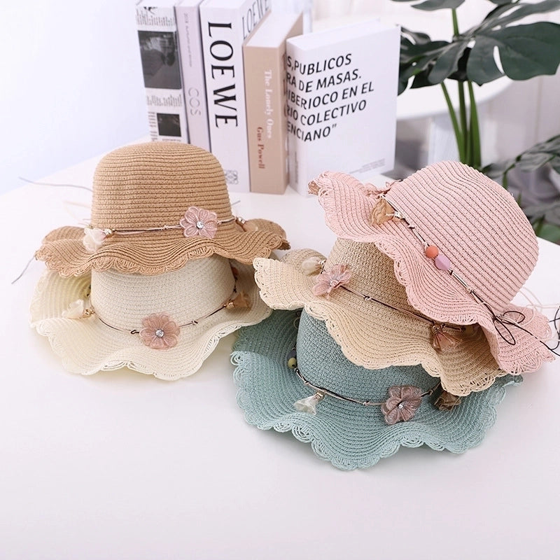 Fashion Flower Decoration Solid Color Children's Summer Beach Hat Sun Hat Straw Hat