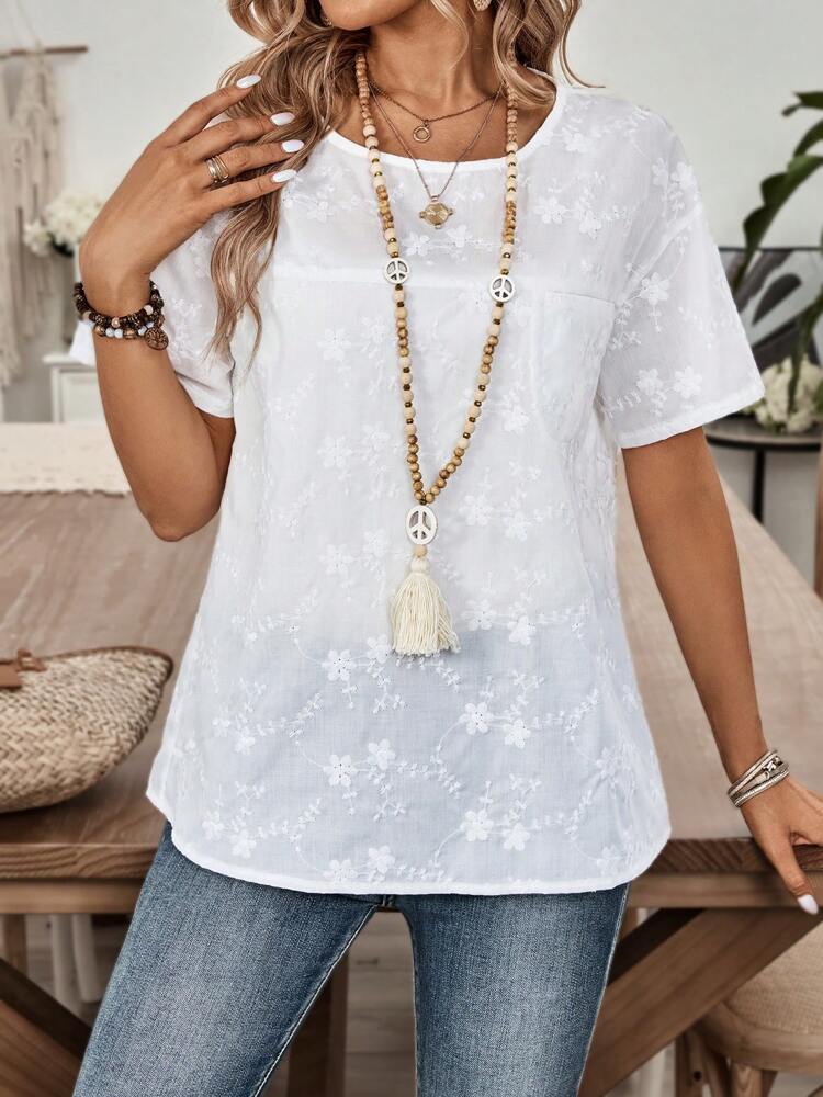 Women's Vacation Leisure Solid Color Flower Embroidery Short Sleeve Shirt