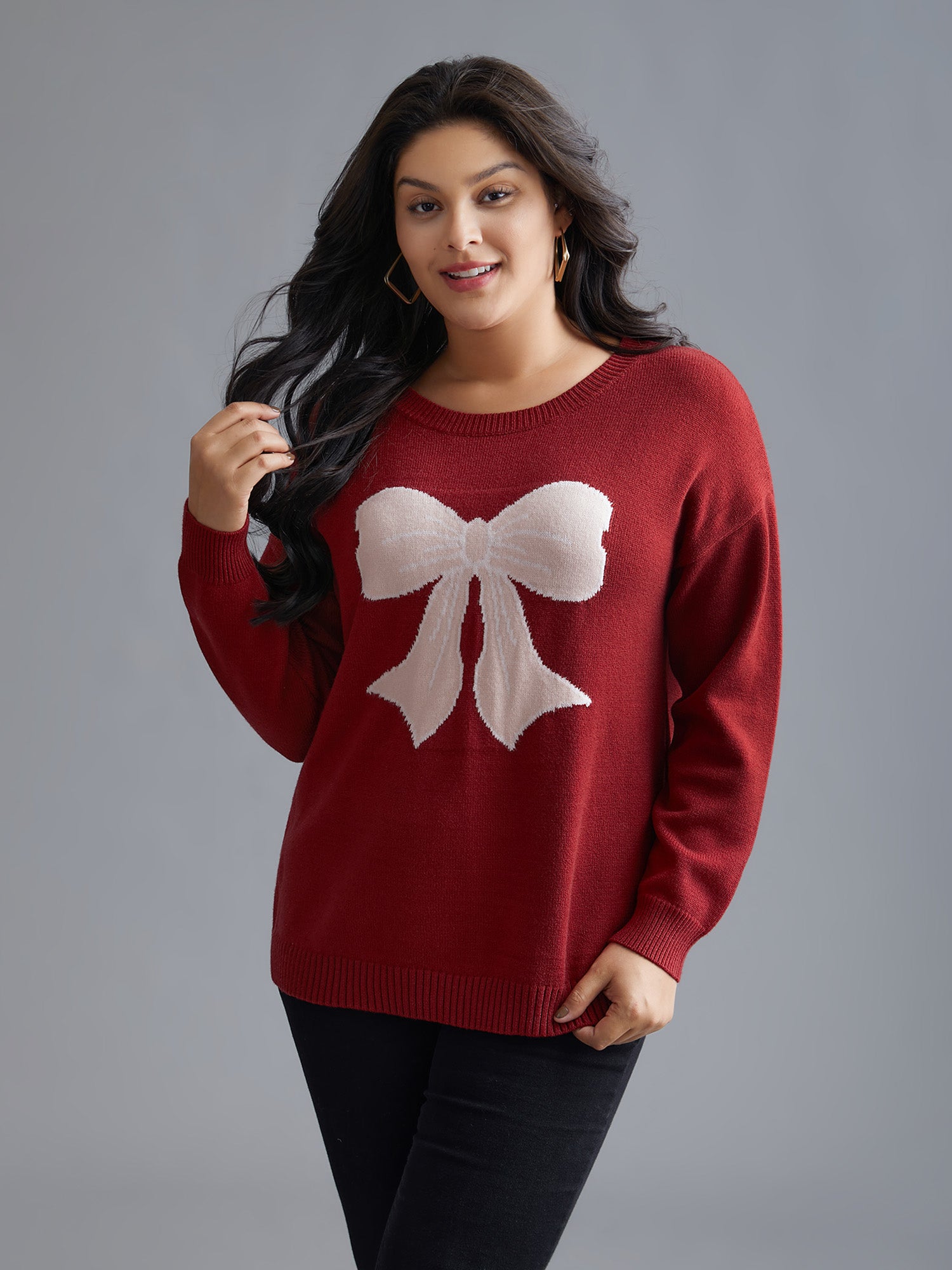Embroidered Bow Tie Drop Shoulder Pullover