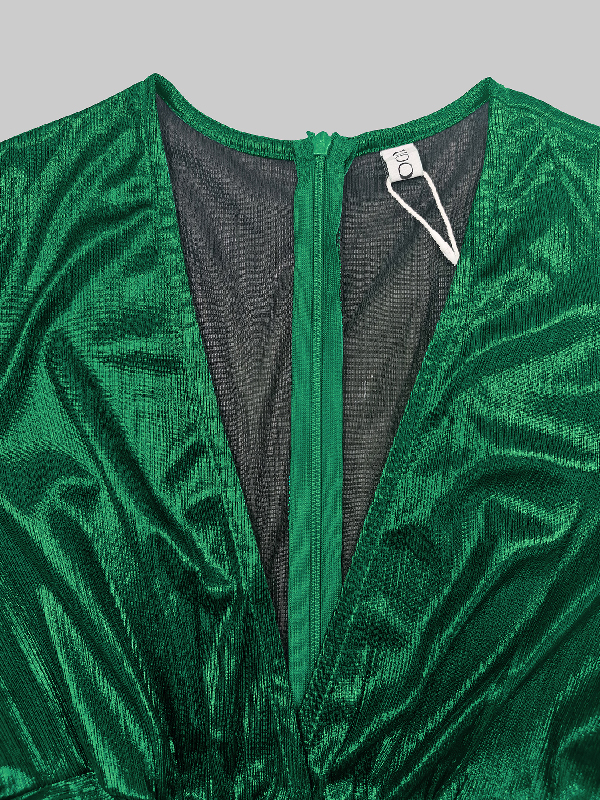 High Waisted Three-Quarter Sleeves Shiny Solid Color Deep V-Neck Jumpsuits Bottoms
