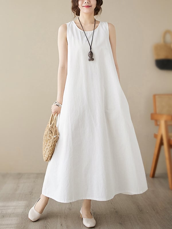 Loose Sleeveless Solid Color Round-Neck Midi Dresses