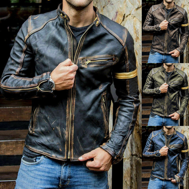 Retro Distressed Stand Collar Zippered Motorcycle Leather Jacket