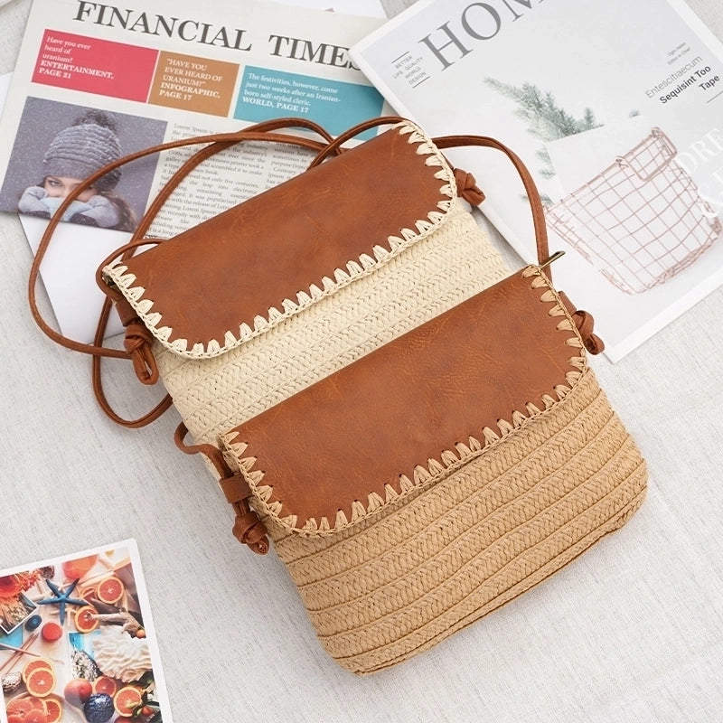 Women's Small Straw Color Block Vacation Flip Cover Straw Bag