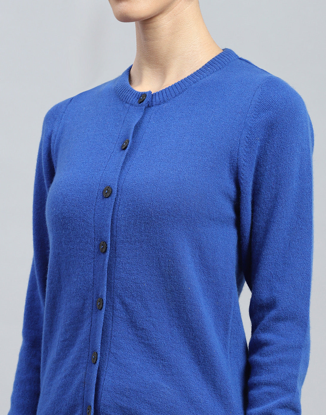 Women Blue Solid Round Neck Full Sleeve Cardigan