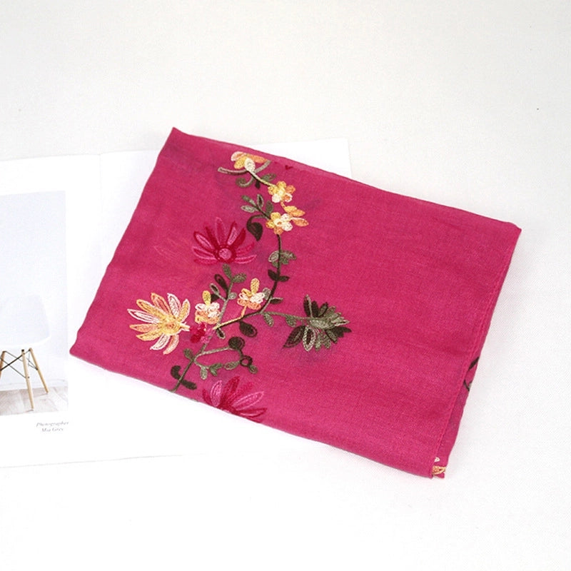 Women's Classic Style Flower Cotton And Linen Embroidery Scarf