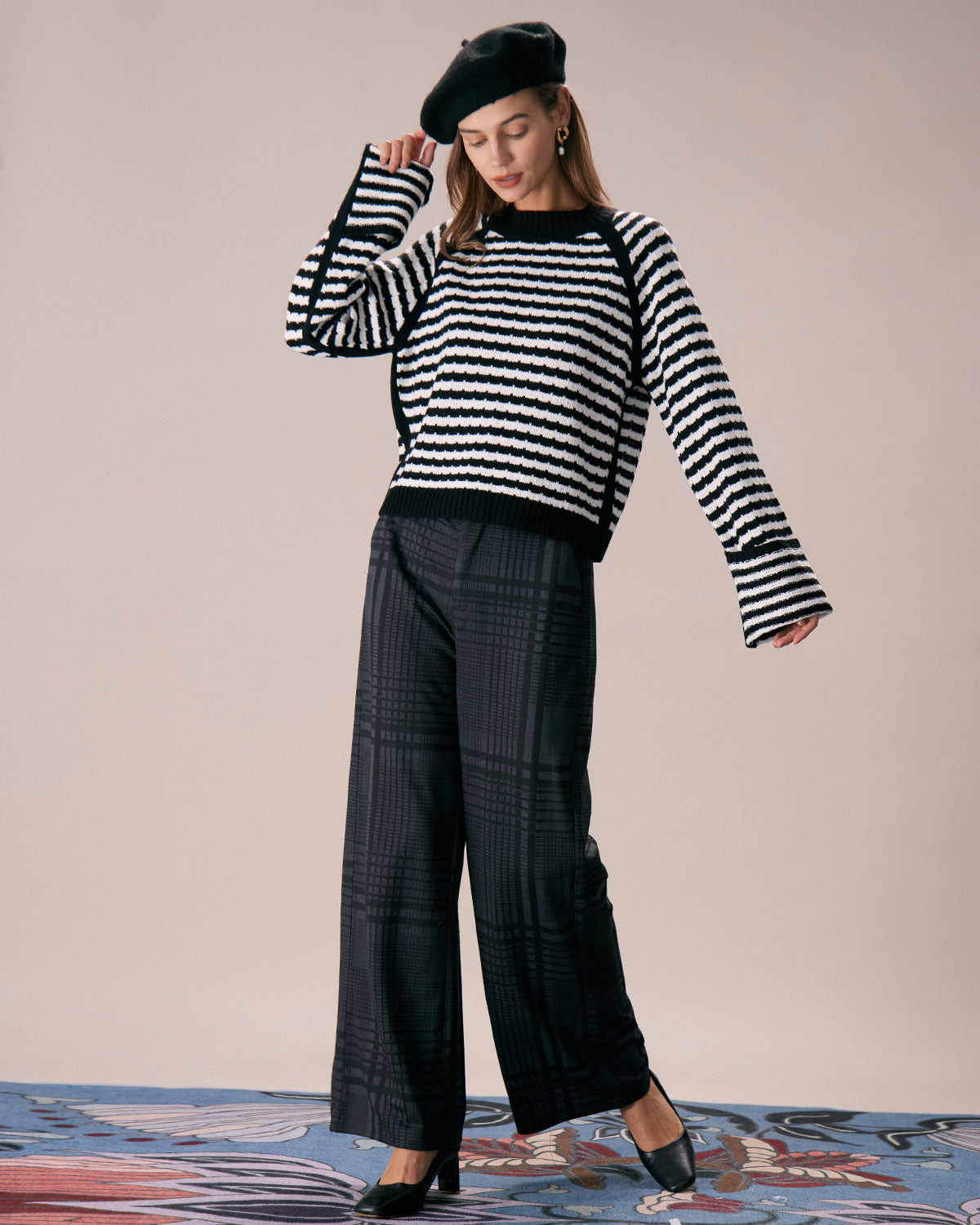 The Black Crew Neck Striped Ribbed Sweater