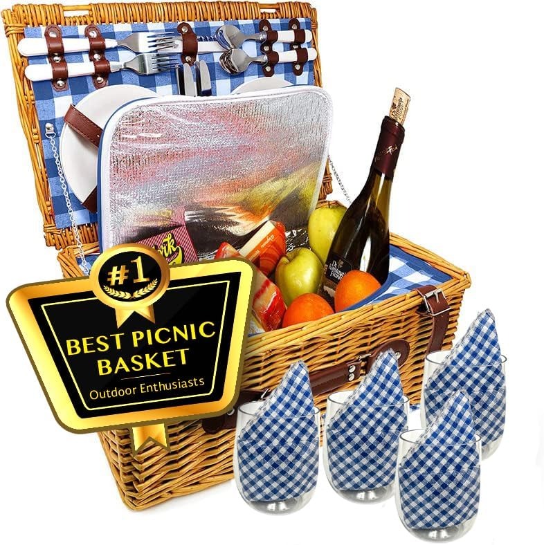 Luxury Picnic Basket for 4 Insulated Wicker Hamper with Plaid Blanket