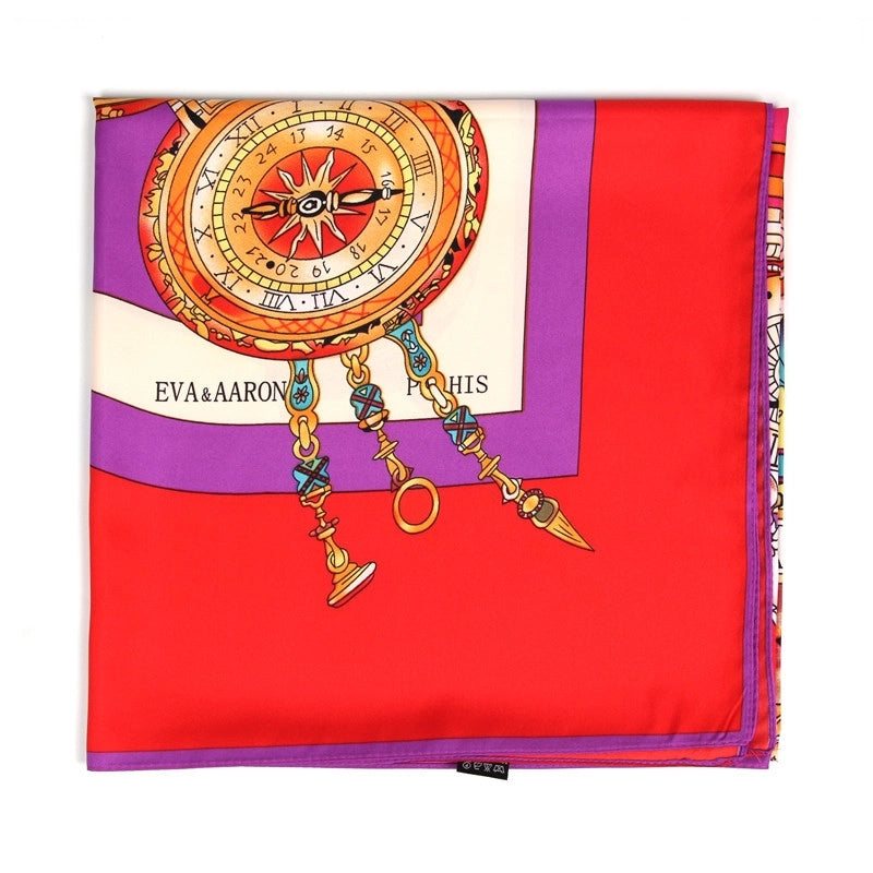 New Fashion Silk Scarf Twill Imitation Silk 130cm Big Square Scarf Roman Clock Printing Shawl Scarf