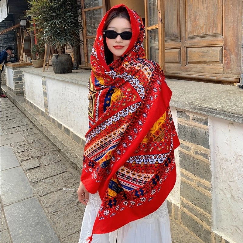 Silk Scarf Women's Summer Seaside Beach Sunscreen Shawl Scarf Dual-use  Long Ethnic Style Plus Size Travel Silk Scarf
