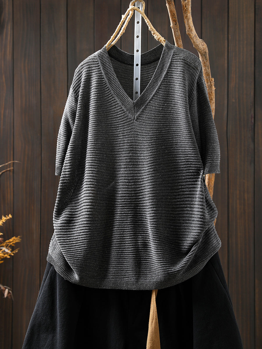 Women Summer Casual Linen Knitted V-Neck Shirt
