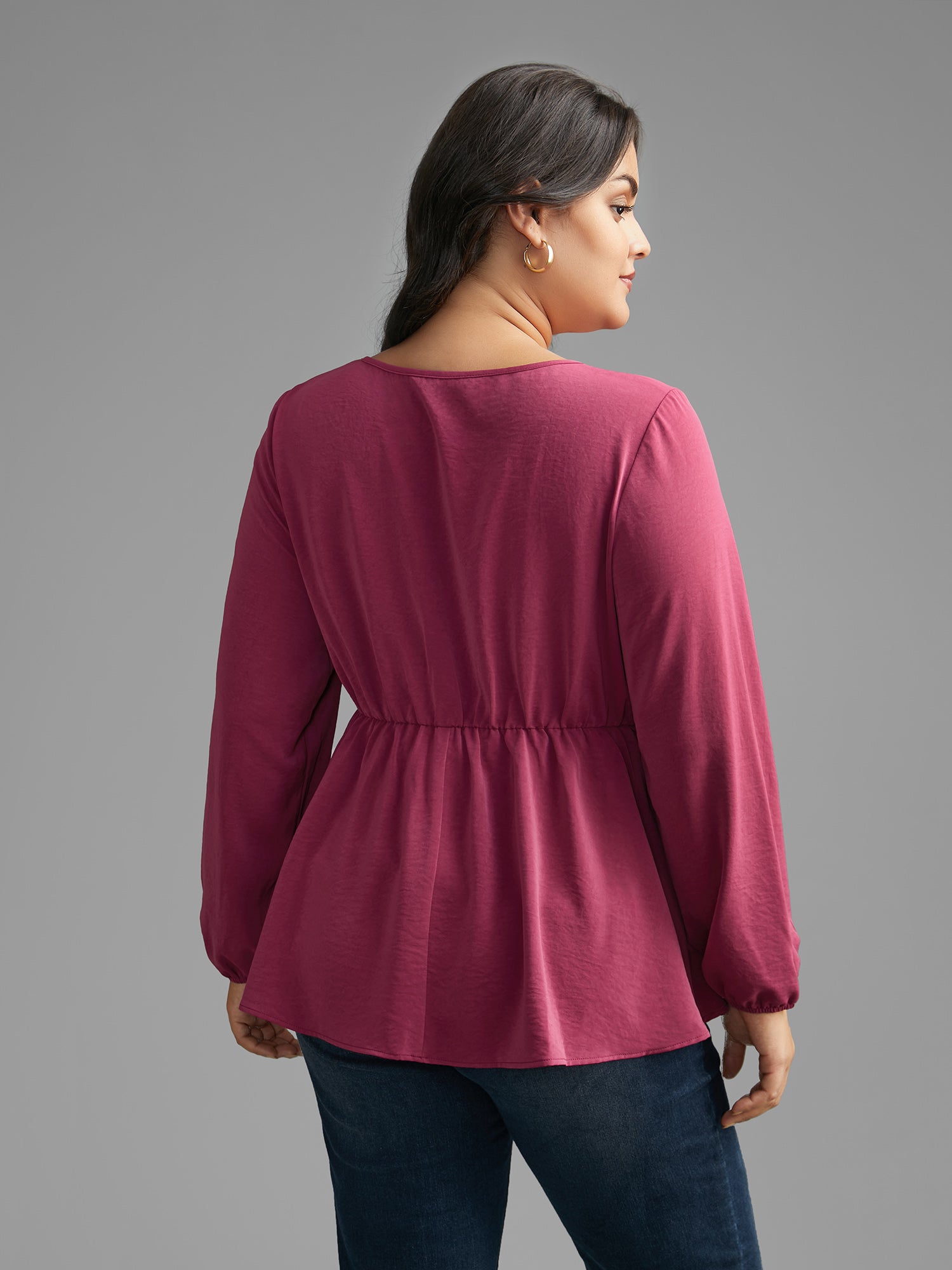 Notched Collar Gathered Lantern Sleeve Blouse