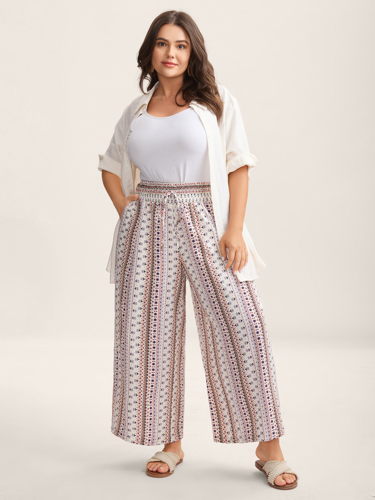 Shirred Waist Boho Wide-Leg Pants