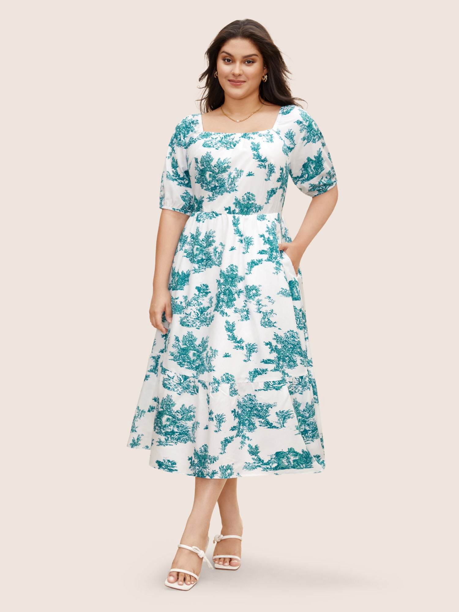 Square Neck Floral Gathered Midi Dress