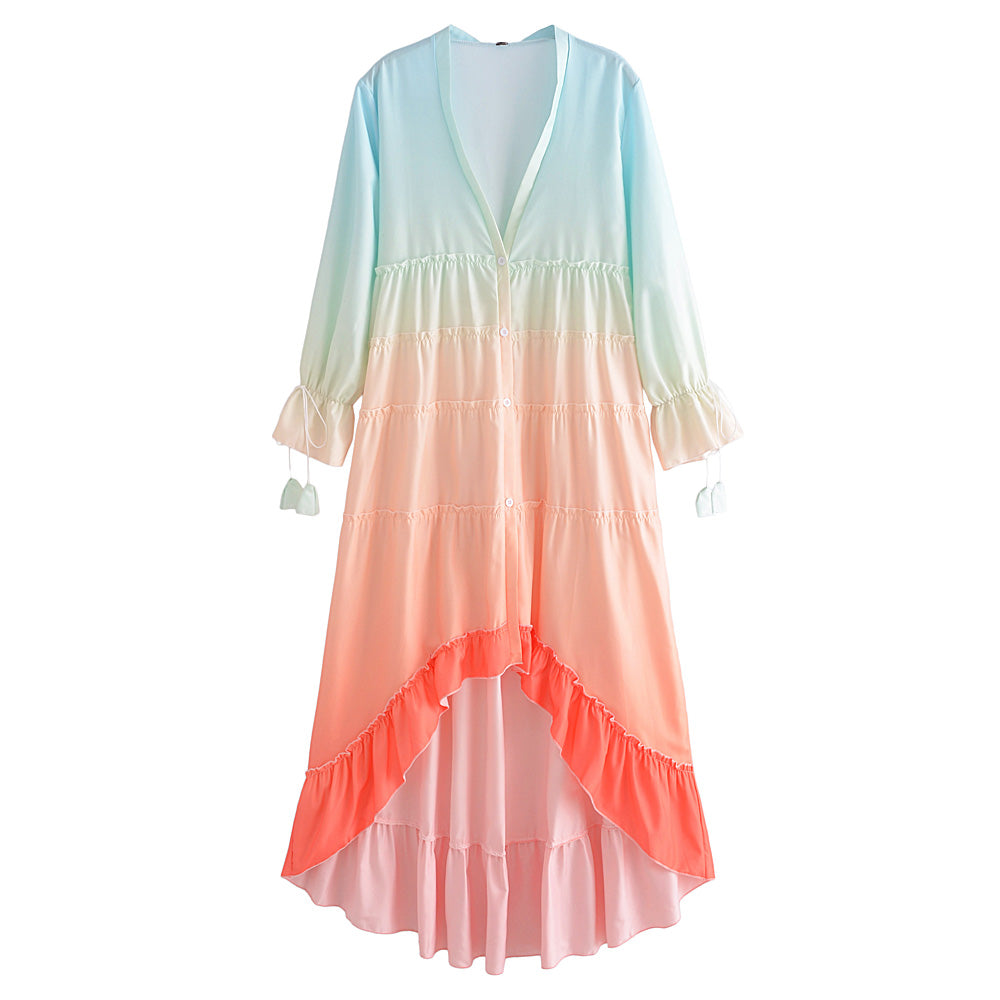 Boho Dress for Women|Bohemian Dress|Midi Boho Dress| Rainbow HIGH LOW DRESS  V-neck Ruffle Trim Summer Dresses Holiday Long Boho Dress Women|Wedding Guest Dress