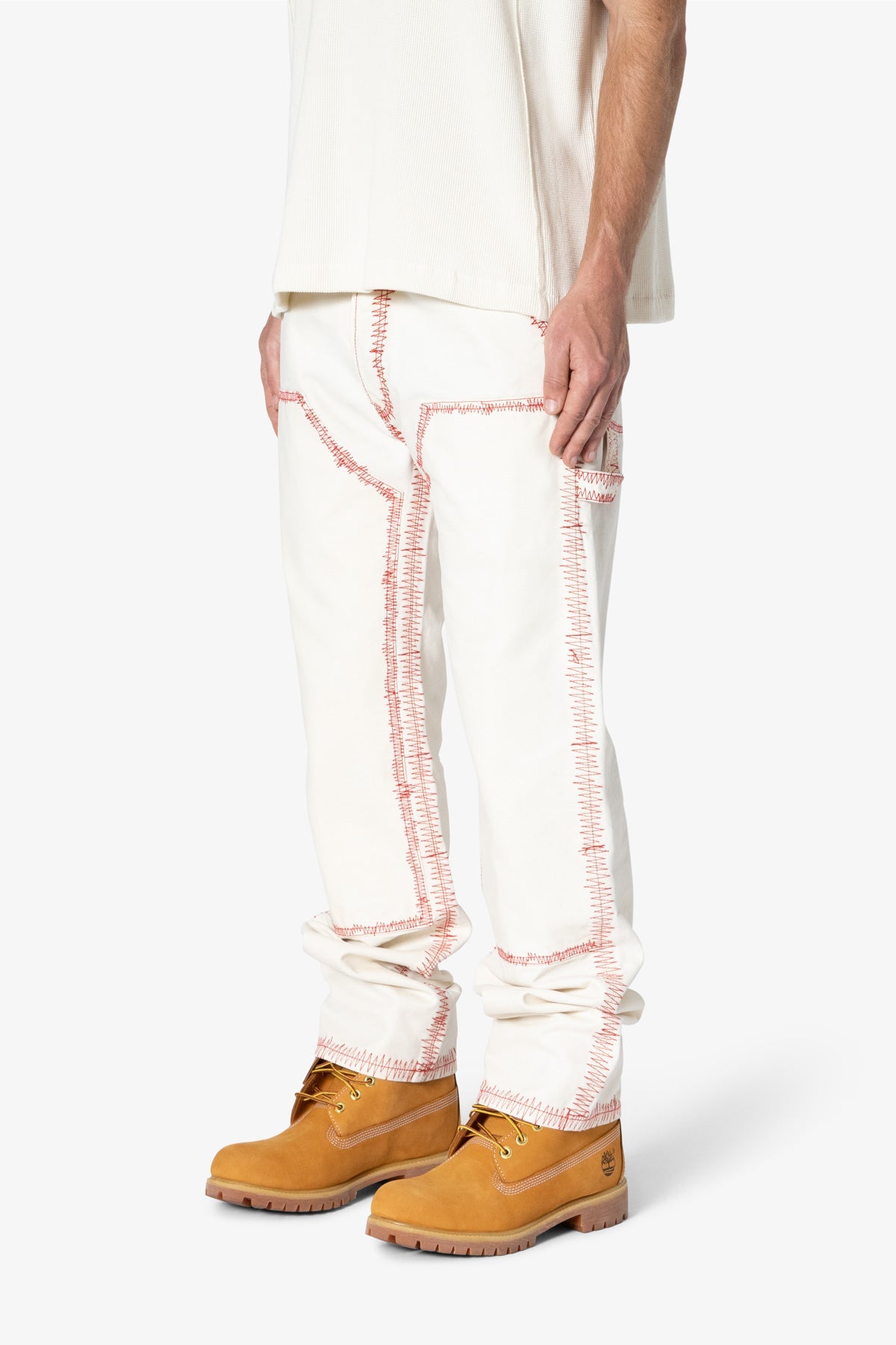V711 Zig Zag Stitch Baggy Denim - White/Red