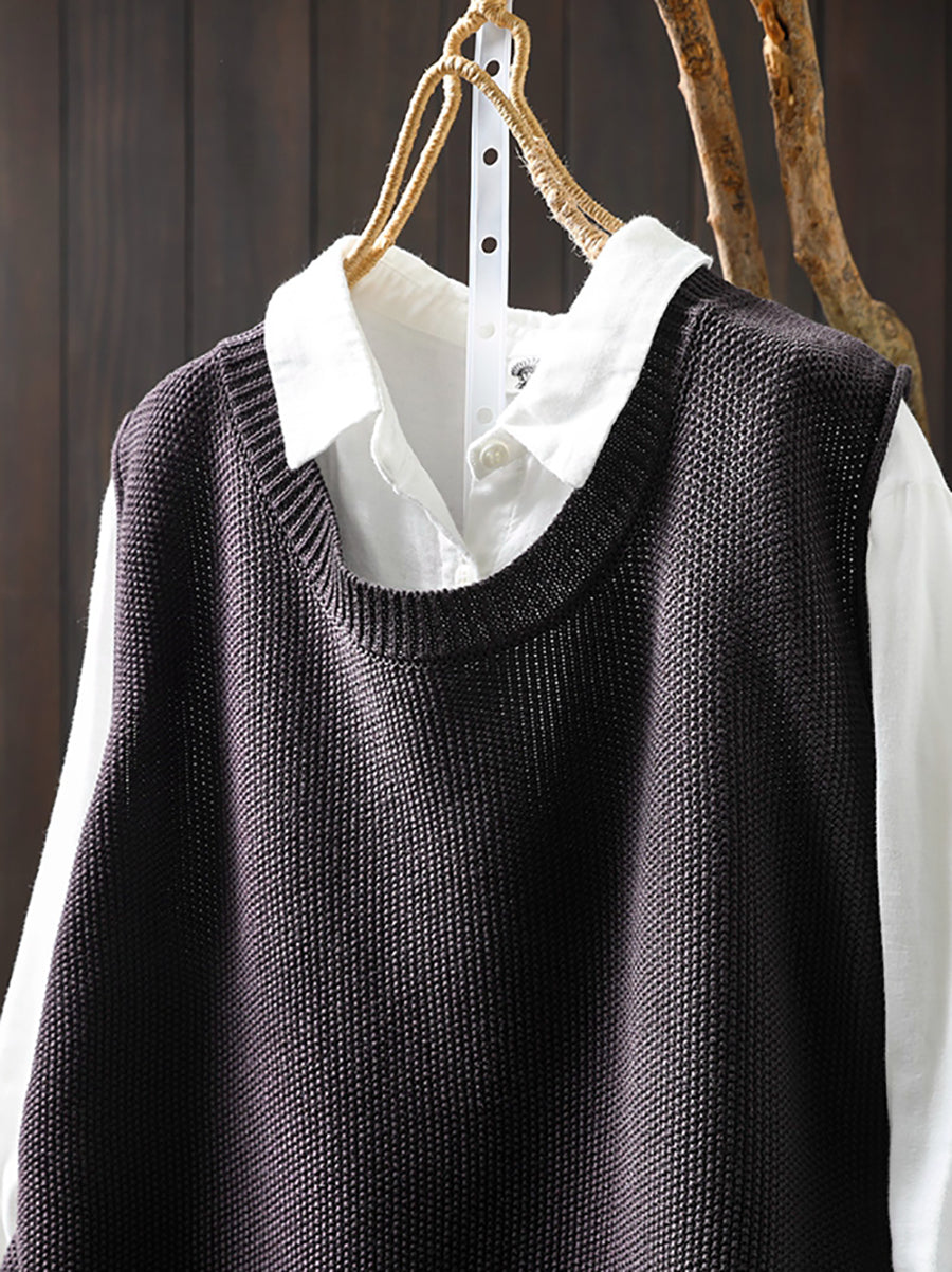 Women Vintage Pure Color Button Knit Vest