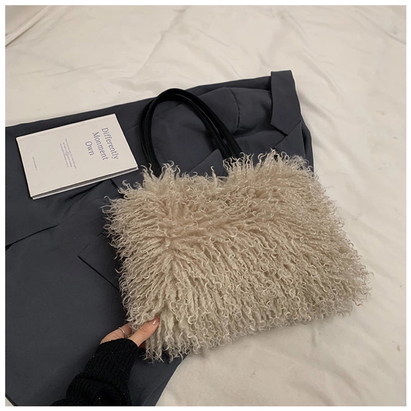 Women's Large Pu Leather Plush Solid Color Elegant Streetwear Square Magnetic Buckle Tote Bag
