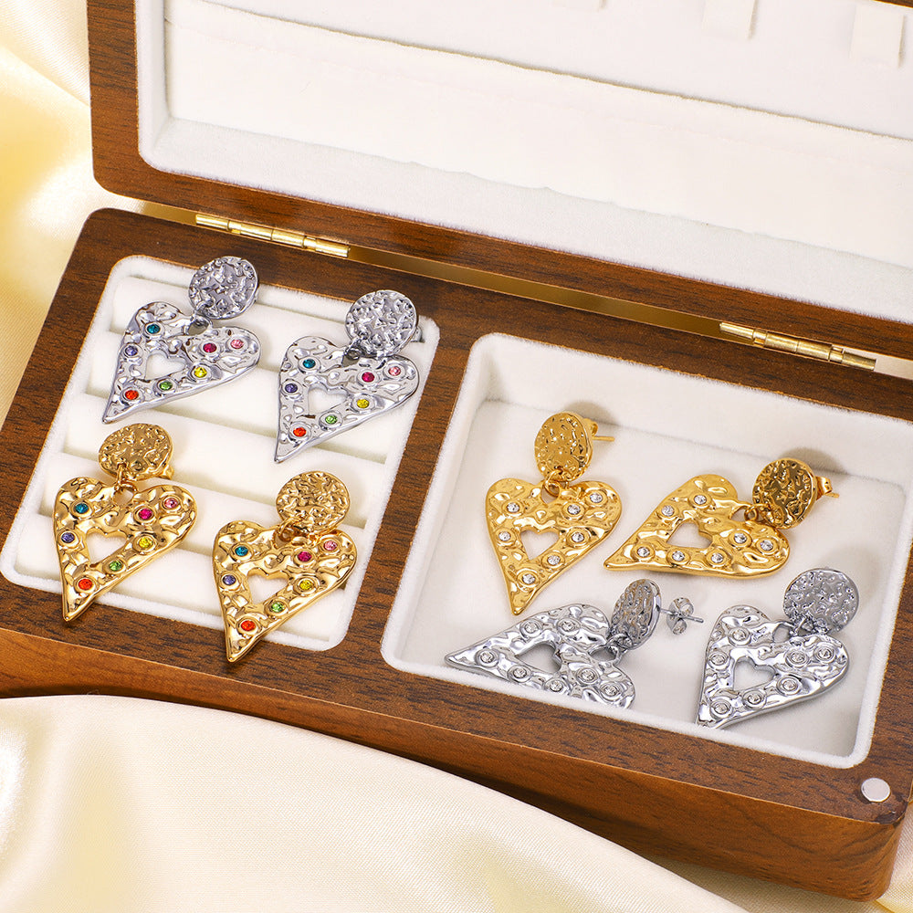 Ins Titanium Steel Heart Hollow Earrings Retro Diamond Style Stainless Steel 18K Gold Earrings Niche Earrings