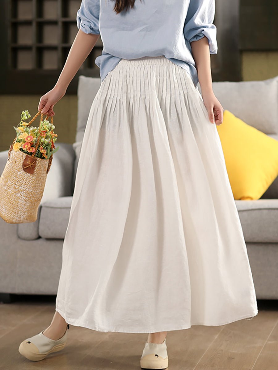 Women Summer Pure Color Shirred 100%Linen Skirt