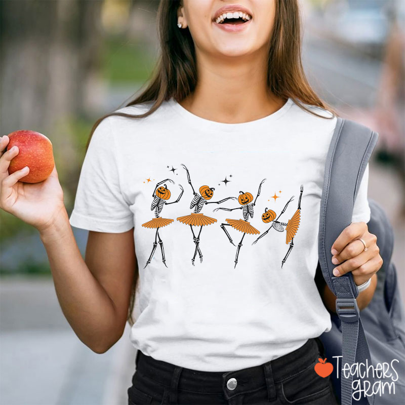 Dancing Pumpkin Skeleton Teacher T-Shirt